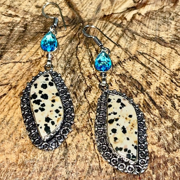 Dalmatian Jasper Stone Earrings 2 1/2” - Picture 1 of 6